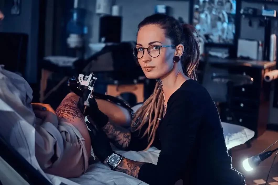 Tattoo artist tattooing woman's thigh